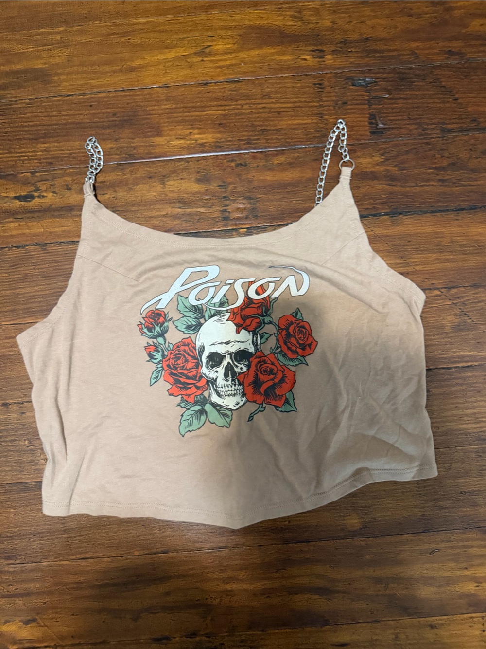 Beige Poison Skull & Rose Chain-Strap Crop Top